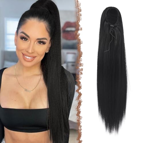 FESHFEN Pferdeschwanz Extensions mit Kordelzug Lang Gerade Zopf Kordelzug Pferdeschwanz Haarteil Glatt Haarverlängerungen Synthetik Drawstring Ponytail Extension für Damen 50 cm Natürliches Schwarz von FESHFEN