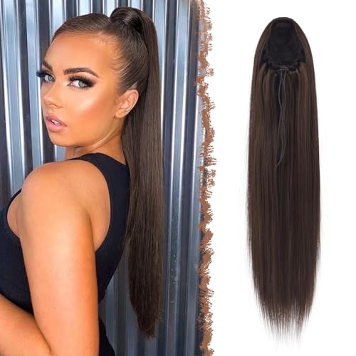 FESHFEN Pferdeschwanz Extensions mit Kordelzug Lang Gerade Zopf Kordelzug Pferdeschwanz Haarteil Glatt Haarverlängerungen Synthetik Drawstring Ponytail Extension für Damen 60 cm Braun von FESHFEN