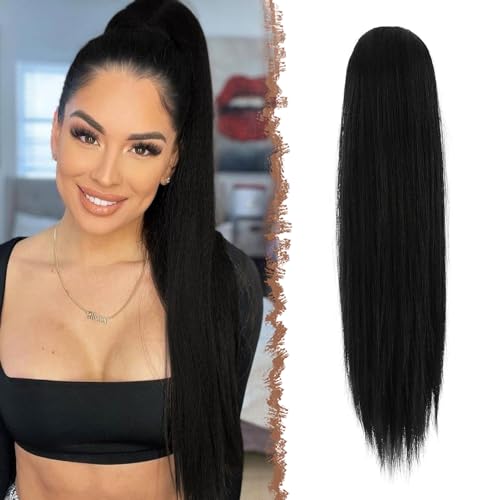 FESHFEN Pferdeschwanz Extensions mit Kordelzug Lang Gerade Zopf Haarteil Glatt Haarverlängerungen Synthetik Drawstring Ponytail Extension für Damen 60 cm Natürliches Schwarz von FESHFEN