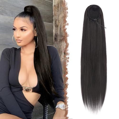 FESHFEN Pferdeschwanz Extensions mit Kordelzug Lang Gerade Zopf Kordelzug Pferdeschwanz Haarteil Glatt Haarverlängerungen Synthetik Drawstring Ponytail Extension für Damen 60 cm Schwarzes Braun von FESHFEN