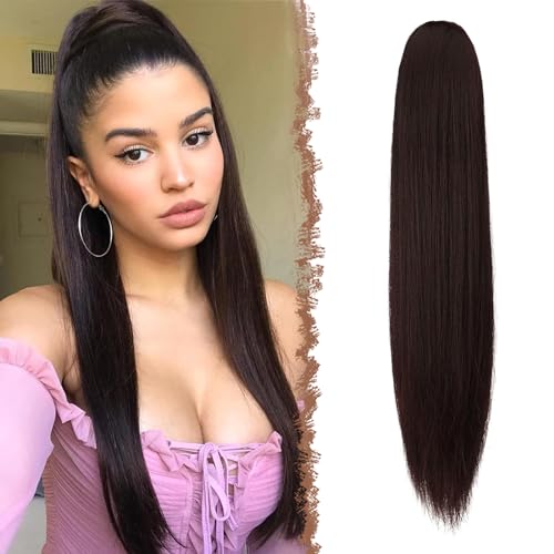 FESHFEN Pferdeschwanz Extensions mit Kordelzug Lang Gerade Zopf Kordelzug Pferdeschwanz Haarteil Glatt Haarverlängerungen Synthetik Drawstring Ponytail Extension für Damen 60 cm Dunkelbraun von FESHFEN