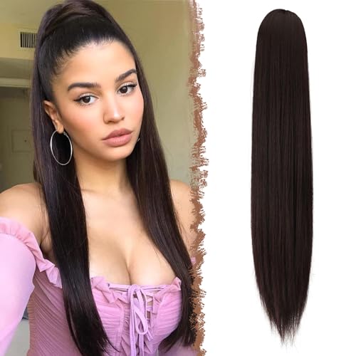 FESHFEN Pferdeschwanz Extensions mit Kordelzug Lang Gerade Zopf Kordelzug Pferdeschwanz Haarteil Glatt Haarverlängerungen Synthetik Dunkelbraun Drawstring Ponytail Extension für Damen 70 cm von FESHFEN