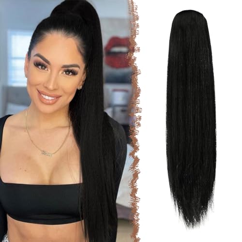 FESHFEN Pferdeschwanz Extensions mit Kordelzug Lang Gerade Zopf Haarteil Glatt Haarverlängerungen Synthetik Natürliches Schwarz Drawstring Ponytail Extension für Damen 70 cm von FESHFEN