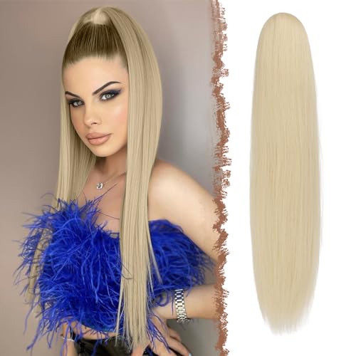 FESHFEN Pferdeschwanz Extensions mit Kordelzug Lang Gerade Zopf Kordelzug Pferdeschwanz Haarteil Glatt Hellblond Haarverlängerungen Synthetik Drawstring Ponytail Extension für Damen 50 cm von FESHFEN