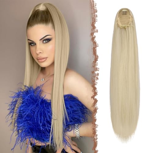 FESHFEN Pferdeschwanz Extensions mit Kordelzug Lang Gerade Zopf Kordelzug Pferdeschwanz Haarteil Glatt Hellblond Haarverlängerungen Synthetik Drawstring Ponytail Extension für Damen 70 cm von FESHFEN