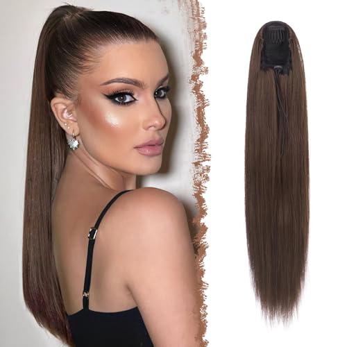 FESHFEN Pferdeschwanz Extensions mit Kordelzug Lang Gerade Zopf Kordelzug Pferdeschwanz Haarteil Glatt Hellbraun Haarverlängerungen Synthetik Drawstring Ponytail Extension für Damen 70 cm von FESHFEN