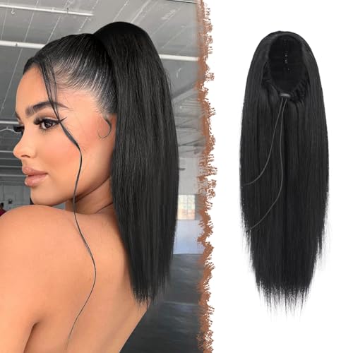 FESHFEN Pferdeschwanz Extensions mit Kordelzug 35 cm Gerade Zopf Haarteil Natürliches Schwarz Glatt Haarverlängerungen Synthetik Drawstring Ponytail Extension für Damen von FESHFEN