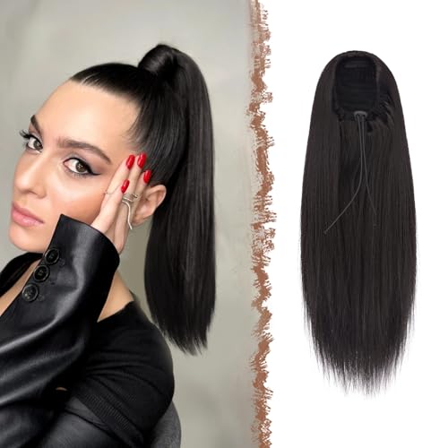 FESHFEN Pferdeschwanz Extensions mit Kordelzug Lang Gerade Zopf Pferdeschwanz Haarteil Schwarzes Braun Glatt Haarverlängerungen Synthetik Drawstring Ponytail Extension für Damen 40 cm von FESHFEN
