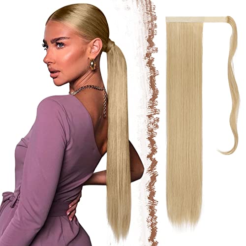 FESHFEN Lang Glattes Pferdeschwanz Haarteil Synthetik Haarverlängerung Zopf Haar Extension für Damen Mädchen, Asch Blond 70 cm von FESHFEN