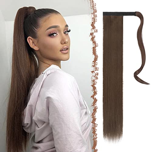 FESHFEN Lang Glattes Pferdeschwanz Haarteil Synthetik Haarverlängerung Zopf Haar Extension für Damen Mädchen, Mittelkastanien Braun70 cm von FESHFEN