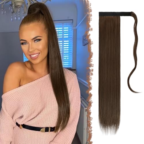 FESHFEN Lang Glattes Pferdeschwanz Haarteil Synthetik Haarverlängerung Zopf Haar Extension für Damen Mädchen, Dunkelbraun & Rotbraun 70 cm von FESHFEN