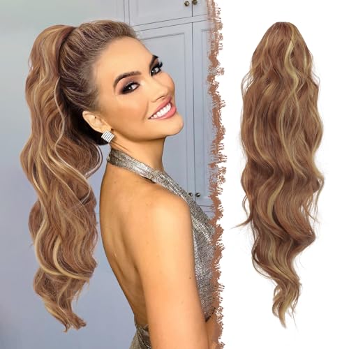 FESHFEN Pferdeschwanz Haarteil Haarverlängerung mit Kordelzug 60cm Pferdeschwanz Verlängerung Synthetik Wellig Locken Haarteil Ponytail Extension für Frauen, Braun und Blond von FESHFEN