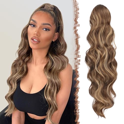 FESHFEN Pferdeschwanz Haarteil Haarverlängerung mit Kordelzug - Lang Wellig Zopf Extensions Synthetik Locken Haar Ponytail Extension für Frauen, 60cm Honigblond Gemischt Hellbraun von FESHFEN