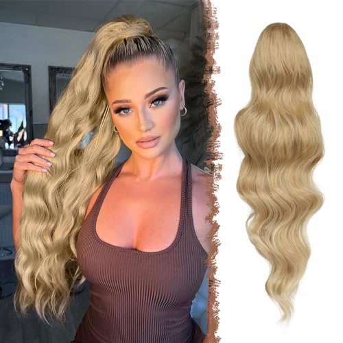 FESHFEN Pferdeschwanz Haarteil Haarverlängerung mit Kordelzug Pferdeschwanz Verlängerung Synthetik Gemischtes Blond Wellig Locken Haarteil Ponytail Extension für Frauen 60cm von FESHFEN