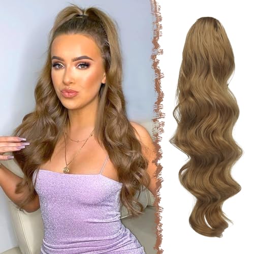 FESHFEN Pferdeschwanz Haarteil Haarverlängerung mit Kordelzug Pferdeschwanz Verlängerung Synthetik Wellig Locken Haarteil Braun Ponytail Extension für Frauen 60cm von FESHFEN