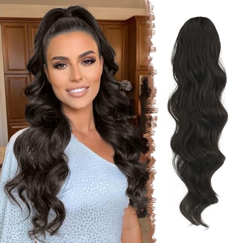 FESHFEN Pferdeschwanz Haarteil Haarverlängerung mit Kordelzug Pferdeschwanz Verlängerung Synthetik Wellig Locken Haarteil Natürliches Schwarz Ponytail Extension für Frauen 60cm von FESHFEN