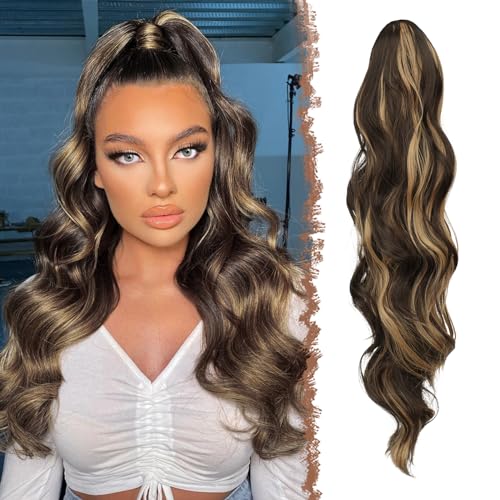 FESHFEN Pferdeschwanz Haarteil Haarverlängerung mit Kordelzug Pferdeschwanz Verlängerung Synthetik Wellig Locken Haarteil Ponytail Extension für Frauen, Dunkelbraun & Blond 60cm von FESHFEN