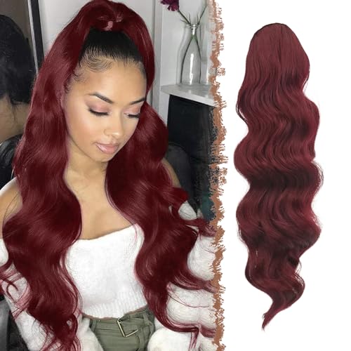 FESHFEN Pferdeschwanz Haarteil Haarverlängerung mit Kordelzug Pferdeschwanz Verlängerung Synthetik Wellig Locken Haarteil Rot Ponytail Extension für Frauen 60cm von FESHFEN