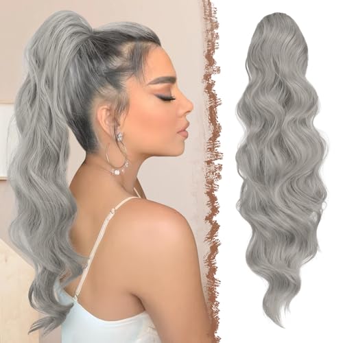 FESHFEN Pferdeschwanz Haarteil Haarverlängerung mit Kordelzug Pferdeschwanz Verlängerung Synthetik Wellig Locken Haarteil Silber Grau Ponytail Extension für Frauen 60cm von FESHFEN