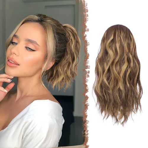 FESHFEN Pferdeschwanz Haarteil mit Kordelzug, 30 cm Wellen Zopf Pferdeschwanz Verlängerung Goldbraun Gemischt Blond Haare Extension Synthetik Kurz Wellig Haarverlängerung Ponytail für Damen Frauen von FESHFEN