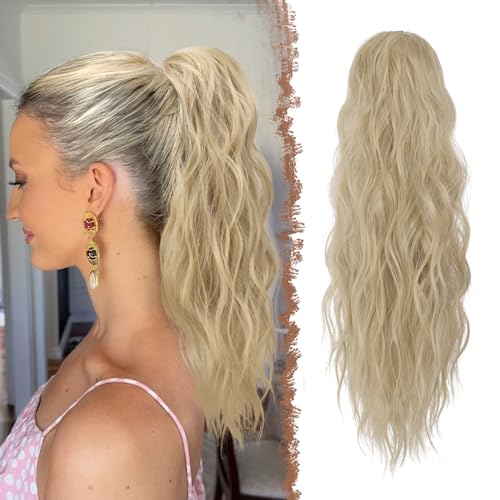 FESHFEN Pferdeschwanz Haarteil mit Kordelzug, 45 cm Wellen Zopf Pferdeschwanz Verlängerung Aschblond Haare Extension Synthetik Lang Wellig Haarverlängerung Ponytail für Damen Frauen von FESHFEN