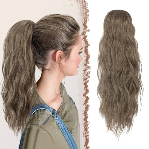 FESHFEN Pferdeschwanz Haarteil mit Kordelzug, 45 cm Wellen Zopf Pferdeschwanz Verlängerung Aschbraun Haare Extension Synthetik Lang Wellig Haarverlängerung Ponytail für Damen Frauen von FESHFEN