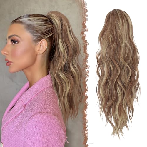 FESHFEN Pferdeschwanz Haarteil mit Kordelzug, 45 cm Wellen Zopf Pferdeschwanz Verlängerung Braun und Blond Haare Extension Synthetik Lang Wellig Haarverlängerung Ponytail für Damen Frauen von FESHFEN