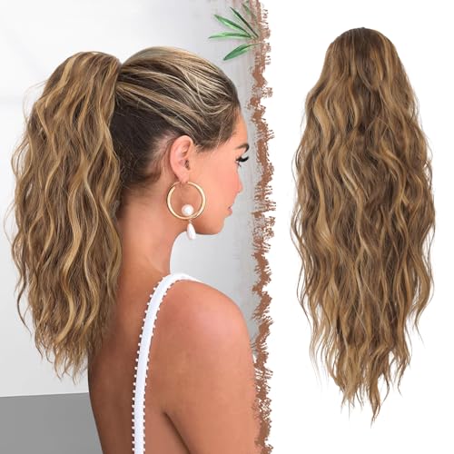 FESHFEN Pferdeschwanz Haarteil mit Kordelzug, 45 cm Wellen Zopf Pferdeschwanz Verlängerung Goldbraun Mix Blond Haare Extension Synthetik Lang Wellig Haarverlängerung Ponytail für Damen Frauen von FESHFEN