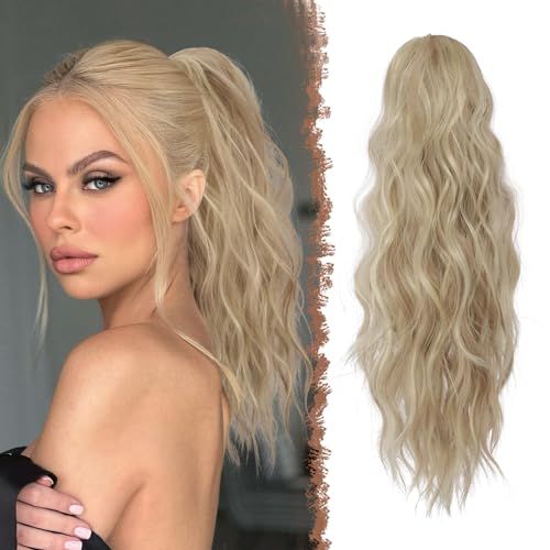 FESHFEN Pferdeschwanz Haarteil mit Kordelzug, 45 cm Wellen Zopf Pferdeschwanz Verlängerung Haare Extension Synthetik Lang Wellig Haarverlängerung Ponytail für Damen, Helles Aschbraun und Bleichblond von FESHFEN