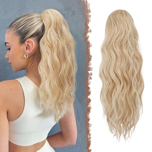 FESHFEN Pferdeschwanz Haarteil mit Kordelzug, 45 cm Wellen Zopf Pferdeschwanz Verlängerung Extension Synthetik Lang Wellig Haarverlängerung Ponytail für Damen, Honigblond Mischung Platinblond von FESHFEN