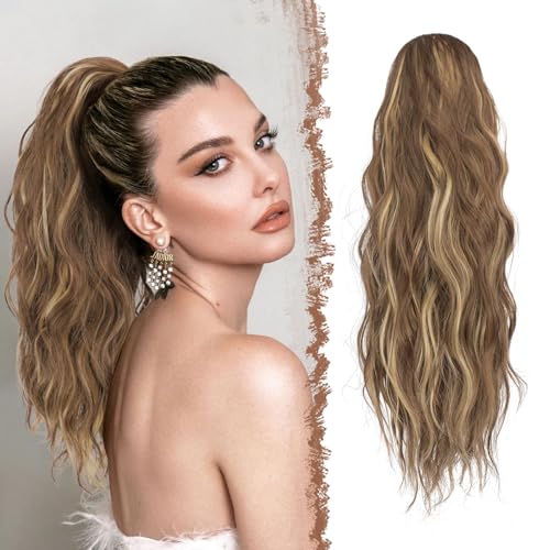 FESHFEN Pferdeschwanz Haarteil mit Kordelzug, 45 cm Wellen Zopf Pferdeschwanz Verlängerung Haare Extension Synthetik Lang Wellig Hellbraun und Blond Haarverlängerung Ponytail für Damen von FESHFEN