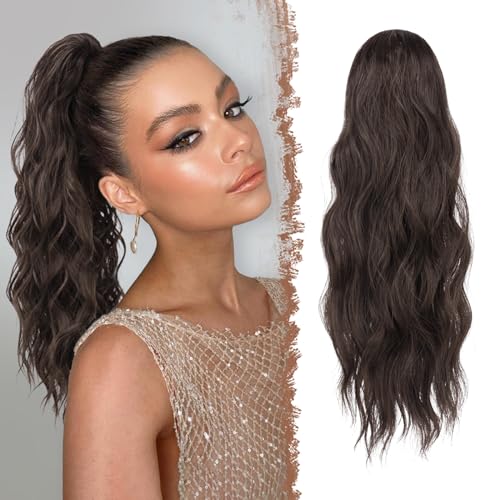 FESHFEN Pferdeschwanz Haarteil mit Kordelzug, 45 cm Wellen Zopf Pferdeschwanz Verlängerung Schokoladenbraun Dunkelbraun Haare Extension Synthetik Lang Wellig Haarverlängerung Ponytail für Damen Frauen von FESHFEN