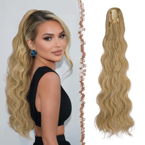 FESHFEN Pferdeschwanz Haarteil mit Kordelzug, 75cm Gewellt Ponytail Extension Comb Clip in Haarverlängerung zopf für Frauen Synthetik Pferdeschwanz Haarverlängerung - Blond Gemischt von FESHFEN