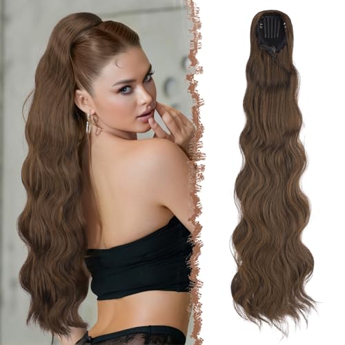 FESHFEN Pferdeschwanz Haarteil mit Kordelzug, 75cm Gewellt Ponytail Extension Comb Clip in Haarverlängerung zopf für Frauen Synthetik Pferdeschwanz Haarverlängerung - Braun Mix Hellbraun von FESHFEN