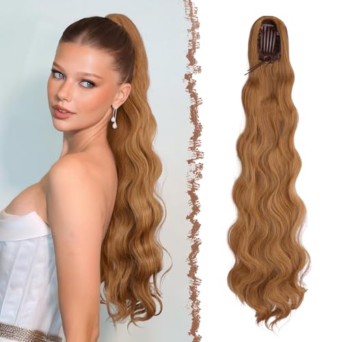 FESHFEN Pferdeschwanz Haarteil mit Kordelzug, 75cm Gewellt Ponytail Extension Comb Clip in Haarverlängerung zopf für Frauen Synthetik Pferdeschwanz Haarverlängerung - Erdbeerblond von FESHFEN