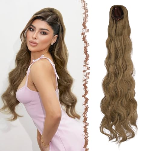 FESHFEN Pferdeschwanz Haarteil mit Kordelzug, 75cm Gewellt Ponytail Extension Comb Clip in Haarverlängerung zopf für Frauen Synthetik Pferdeschwanz Haarverlängerung - Hellbraun Mix Naturblond von FESHFEN
