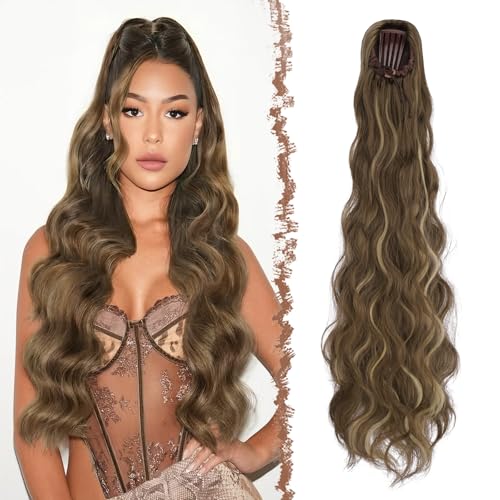 FESHFEN Pferdeschwanz Haarteil mit Kordelzug, 75cm Gewellt Ponytail Extension Comb Clip in Haarverlängerung zopf für Frauen Synthetik Pferdeschwanz Haarverlängerung - Hellbraun & Blond von FESHFEN