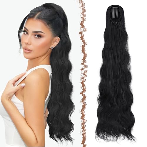 FESHFEN Pferdeschwanz Haarteil mit Kordelzug, 75cm Gewellt Ponytail Extension Comb Clip in Haarverlängerung zopf für Frauen Synthetik Pferdeschwanz Haarverlängerung -Natürliches Schwarz von FESHFEN