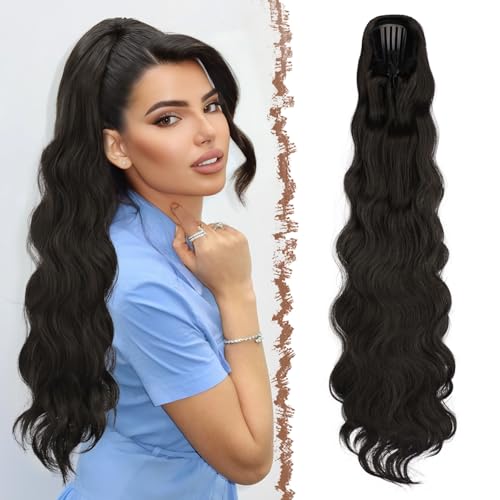 FESHFEN Pferdeschwanz Haarteil mit Kordelzug, 75cm Gewellt Ponytail Extension Comb Clip in Haarverlängerung zopf für Frauen Synthetik Pferdeschwanz Haarverlängerung - Schwarz Braun von FESHFEN