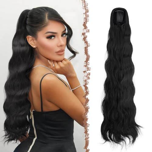 FESHFEN Pferdeschwanz Haarteil mit Kordelzug, 75cm Gewellt Ponytail Extension Comb Clip in Haarverlängerung zopf für Frauen Synthetik Schwarz Pferdeschwanz Haarverlängerung von FESHFEN
