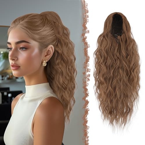 FESHFEN Pferdeschwanz Haarteil mit Kordelzug, Lange Wellen Zopf Verlängerung Haare Extensions Synthetik Wellig Haarverlängerung Clip in Ponytail für Damen, 45 cm Braun & Hellbraun Gemischt von FESHFEN