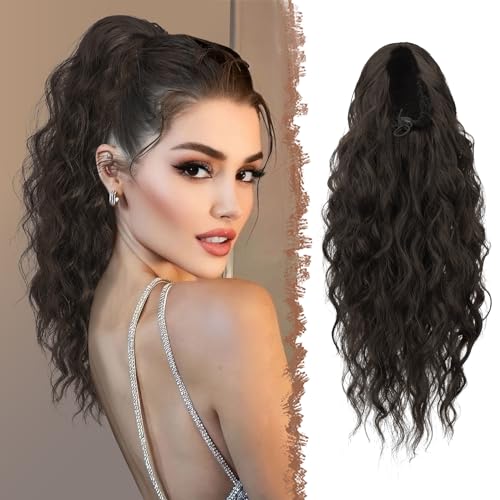 FESHFEN Pferdeschwanz Haarteil mit Kordelzug, Lange Wellen Zopf Verlängerung Haare Extensions Synthetik Wellig Haarverlängerung Clip in Ponytail für Damen, 45 cm Dunkel Braun von FESHFEN