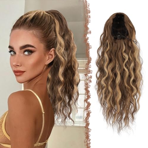 FESHFEN Pferdeschwanz Haarteil mit Kordelzug, Lange Wellen Zopf Verlängerung Haare Extensions Synthetik Wellig Haarverlängerung Clip in Ponytail für Damen, 45 cm Gold Braun Mix Blond von FESHFEN