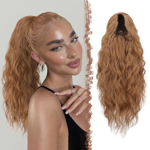 FESHFEN Pferdeschwanz Haarteil mit Kordelzug, Lange Wellen Zopf Verlängerung Haare Extensions Synthetik Wellig Haarverlängerung Clip in Ponytail für Damen, 45 cm Gold Braun von FESHFEN