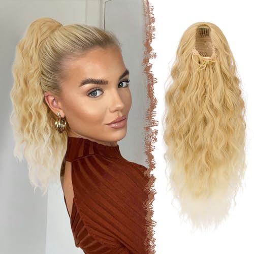 FESHFEN Pferdeschwanz Haarteil mit Kordelzug, Lange Wellen Zopf Verlängerung Haare Extensions Synthetik Wellig Haarverlängerung Clip in Ponytail für Damen, 45 cm Hellblond von FESHFEN