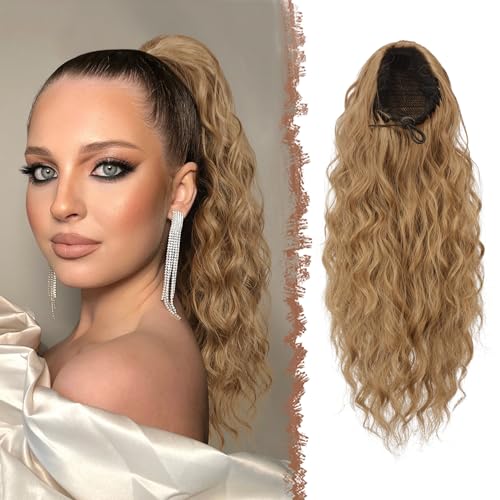 FESHFEN Pferdeschwanz Haarteil mit Kordelzug, Lang Wellen Zopf Verlängerung Haare Extensions Synthetik Wellig Haarverlängerung Ponytail für Damen, 45 cm Hellbraun Mix Naturblond von FESHFEN