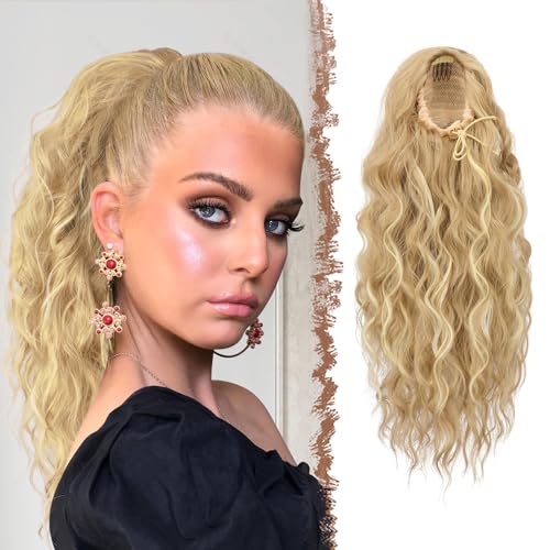 FESHFEN Pferdeschwanz Haarteil mit Kordelzug, Lange Wellen Zopf Verlängerung Haare Extensions Synthetik Wellig Haarverlängerung Clip in Ponytail für Damen, 45 cm Helles Aschbraun & Bleich Blond von FESHFEN