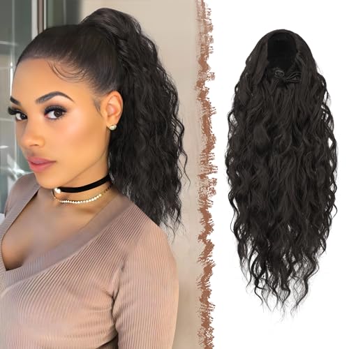 FESHFEN Pferdeschwanz Haarteil mit Kordelzug, Lange Wellen Zopf Verlängerung Haare Extensions Synthetik Wellig Haarverlängerung Clip in Ponytail für Damen, 45 cm Natürlich Schwarz von FESHFEN