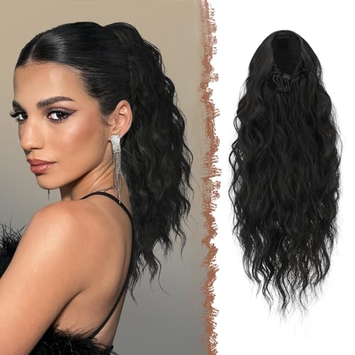 FESHFEN Pferdeschwanz Haarteil mit Kordelzug, Lange Wellen Zopf Verlängerung Haare Extensions Synthetik Wellig Haarverlängerung Clip in Ponytail für Damen, 45 cm Schwarz von FESHFEN