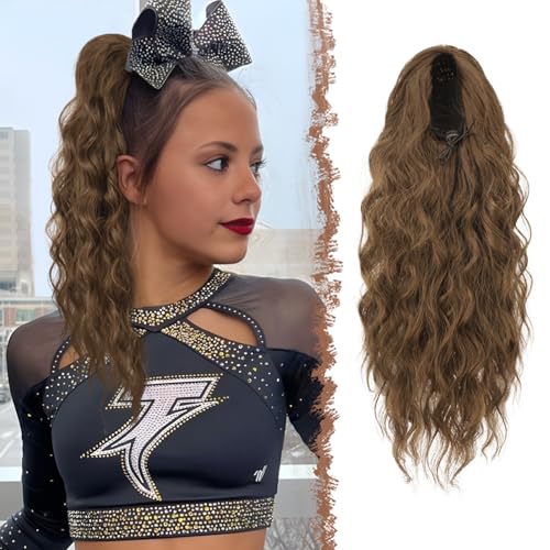 FESHFEN Pferdeschwanz Haarteil mit Kordelzug, Lange Wellen Zopf Verlängerung Haare Extensions Synthetik Wellig Haarverlängerung Clip in Ponytail für Damen, 45 cm 8/10# von FESHFEN